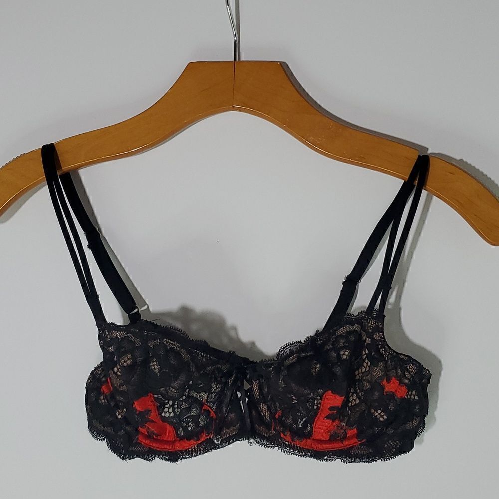 Victoria's Secret Unlined Demi Bra Gothic Red Black Lace Underwire Size 34A